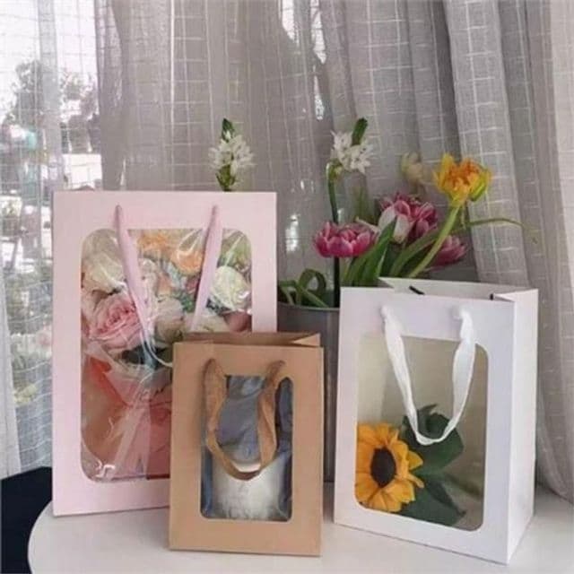 선물용 종이 쇼핑백 꽃 포장 쇼핑백 고급 윈도우 꽃다발 답례품 크라프트 투명 상자 사각형 박스 생일